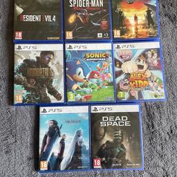 Ps5 Resident Evil 4 (sealed) £25
Ps5 Marvel's Spider-Man Miles Morales Ultimate Edition (sealed) £40
Ps5 Final Fantasy 7 Rebirth (sealed) £50
Ps5 Alex Kidd in Miracle World DX (sealed) £15
Ps5 sonic superstars (sealed) £25
Ps5 Immortals of Aveum (sealed) £15
Ps5 dead space (sealed) £25
Ps5 Crisis Core Final Fantasy VII Reunion (sealed) £20