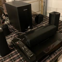 Good condition, all 5 speakers & sub woofer work fine, with remote control. Inputs for HDMI, USB, Bluetooth etc. Good sound, can get loud if needed!