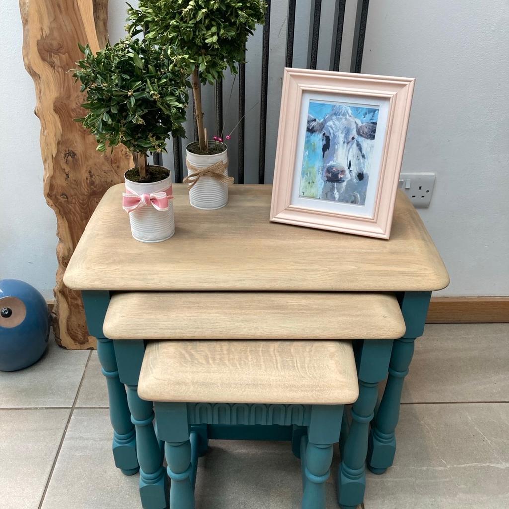 This is a pretty nest of oak Priory tables. The frames and legs have been sanded and painted in Russian Turquoise furniture paint by Valspar. The tops have been sanded back to show their natural grain, given a paint wash with Salt of the Earth and finished with Tuff Top Coat, both by Frenchic. Largest table H47cm, W62cm and D38cm, middle table H45cm, W45cm and D33cm, smallest table H42cm, W30cm and D29cm approx. Collection from Dunsville, Doncaster. If you’re interested in upcycled items, please check out my other listings.