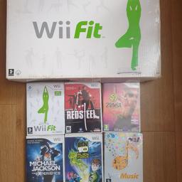 6 Wii Games + Wii Fit Board 

Games:
Wii Fit and Board accessorie
Red Steel (shooter)
Zumba Fitness Party
Michael Jackson the Experience (Dancing)
Ben 10 Alien Force (Platform/Adventure)
Wii Music (Music Composer)