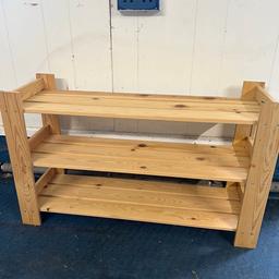 This is a wooden shoe rack , sturdy, 3 shelves , 3 pairs on each shelf, side by side, more if you want to put on top of each other Length 83cm Depth 27cm Height 51cm
