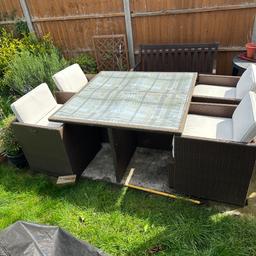 Very nice set of 4 chairs with cushions &glass table. Chairs goes in the table. Waterproof cover is provided to cover after use. It is easy to put it on. This is big for my garden.cove is fully rain proof.