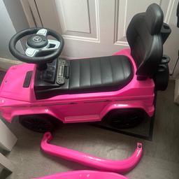 Toddler Mercedes ride on. Does come with side parts but haven’t got the piece to hold them on one side as the other side just clicks in to place. Also have the handle but again haven’t got the bits to hold it on. Does make sounds but needs new batteries. Plenty of life left just need gone asap daughter doesn’t play with it anymore