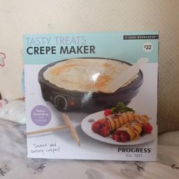 Brand new in-box crepe maker by the brand Progress. Originally bought from Primark 2-3 years ago but never ended up using, as can be seen by security tag. Would make a nice little accessory to a kitchen. 

Originally bought for £22, asking for £10.

Cash on collection. Collection only, Tipton DY4, or can deliver within 3 miles