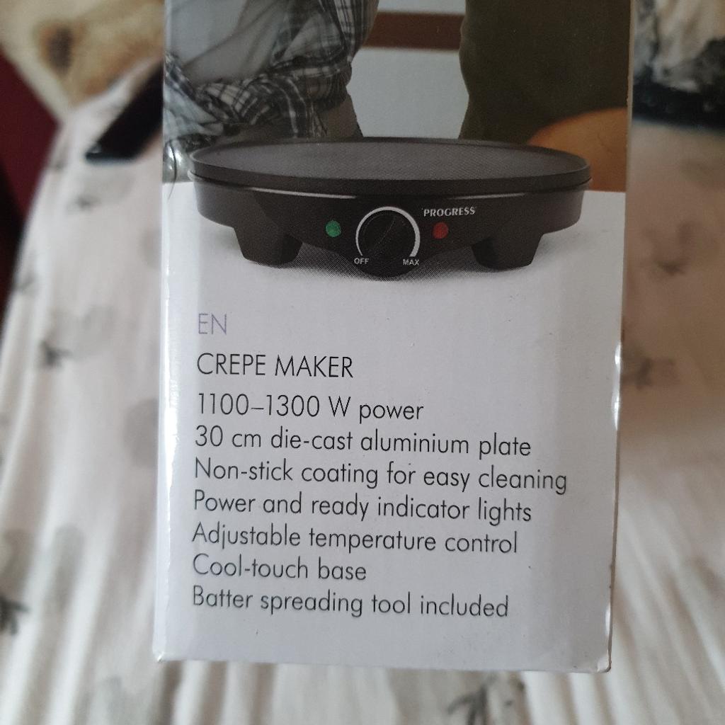 Brand new in-box crepe maker by the brand Progress. Originally bought from Primark 2-3 years ago but never ended up using, as can be seen by security tag. Would make a nice little accessory to a kitchen.

Originally bought for £22, asking for £10.

Cash on collection. Collection only, Tipton DY4, or can deliver within 3 miles