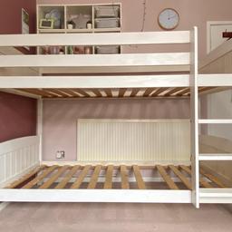 This is a generous sized bunk bed
195cm long x 95cm wide
standard single sized mattress required
Can be split up to be used as 2 single beds
Wooden - Very study and Strong
Will need to be reassembled - simple to complete