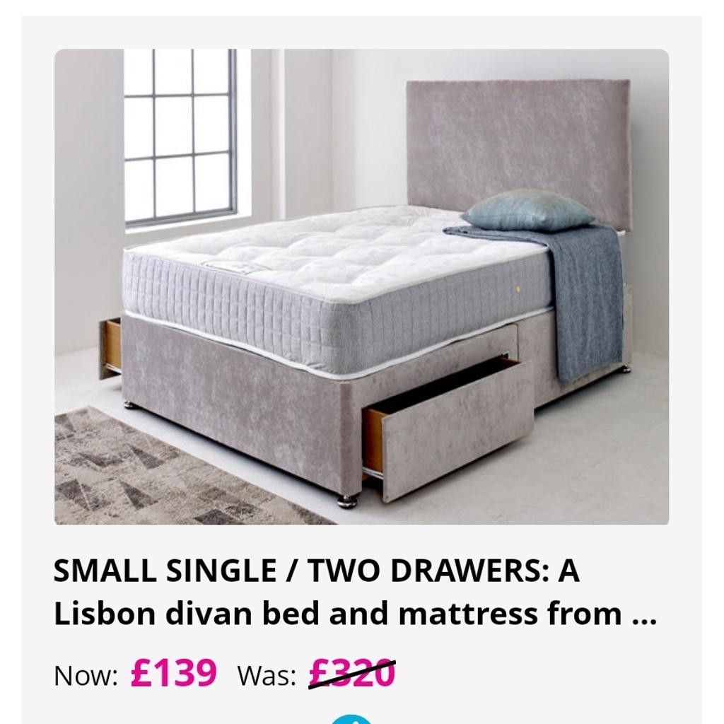 Brand new still in packaging small single divan bed with mattress, 2 drawers and headboard. Bought 2 and now only need one