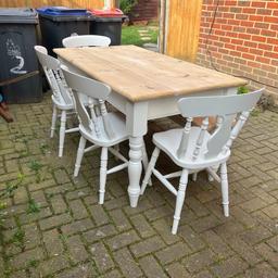 Legs unscrew for easier moving , measures 5 ft x 34 inches , painted a farrow and ball eggshell paint ( white ) scrubbed tops , buyer can collect or ask for a delivery price quoting postcode