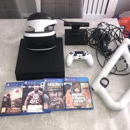 Hi, here I have a ps4 & vr set with games. Great working condition ready to go. Comes with the games in picture & all wire/cables. From a clean smoke free home. 

Feel free to ask any questions. 
 
Reason for sale, new console