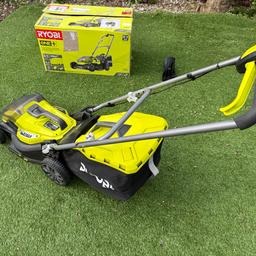 Ryobi 37 inch cordless lawnmower. Some damage to the front, as photos, but does not affect use. Comes with grass bag and mulch plug. Unit only, no battery.