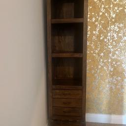 Dark wood 3 shelf and 3 drawer display cabinet. Collection only.