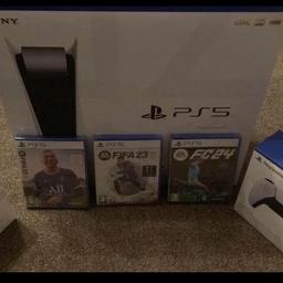 All new and boxed
Ps5 console
Charging station
Ps5 controller x2
FIFA 22
FIFA 23
FC 24

SET PRICE NO TIME WASTERS