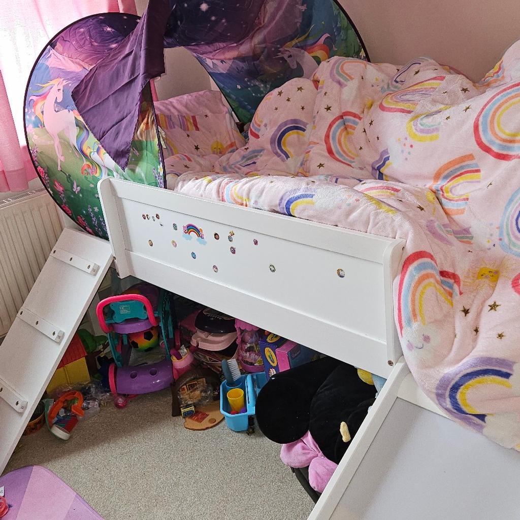 Childrens white slide bed frame in good used condition only had approximately 2 years. Stickers will be removed, and the bed is dismantled, ready for collection. £100 ONO
