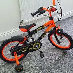 16 inch Strike children's bicycle with stabilisers - only ridden in the house, tyres as new, unmarked, £110 from Smyths a short time ago.
Adjustable saddle and handlebar
Front and rear mudguards
Fully enclosed chain cover
Removable stabilisers
To fit inside leg 45-55cm
Pick up only