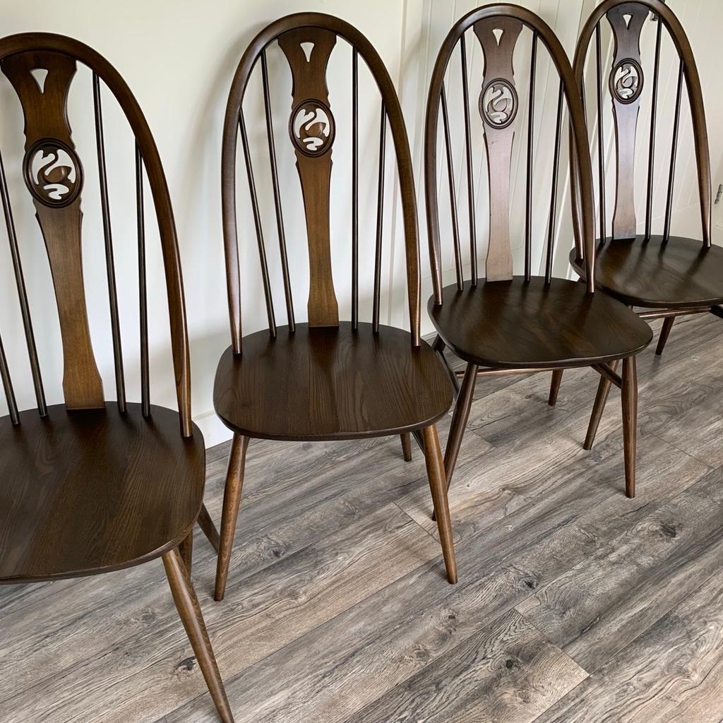 A stunning set of 4 Ercol Windsor swan dining chairs in immaculate condition. Metal Authentication Ercol badges in tact on all chairs.
Collection from smoke and pet free home.
Viewings welcome