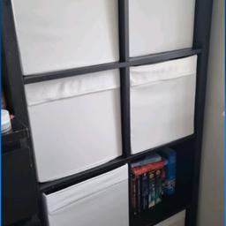 Good condition of shelving unit. 77×147 cm.
Colour black. 
White storage boxes can be included
