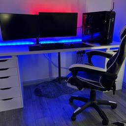Thank you for clicking on my post, within this you will be buying
DESK:
Ikea Alex drawer unit x 2 = £150
Ikea table top 200cm x 60cm = £35
Ikea table leg = £5
Gaming Chair = £100

COMPUTER RELATED:
Steelseries apex pro tkl 2023 = £120
Logitech g pro x super light = £100
Xl mousemat = £20
Dual monitor stand = £30
27” NOC 240hz gaming monitor = £240
24” koorui 75hz gaming monitor = £120

COMPUTER:
Storm Force Crystal 5979 = £1200
i5 12400
RTX 3060
The setup will come with leds attached and every wire you will possible need boxes also come with the keyboard and mouse.
As you can see I have priced everything above roughly what I paid for them (all brand new) and all together maybe have 5 months of use and I take good care of my stuff, not a scratch or scuff to be seen.
The gaming computer runs games such as GTA- 120fps Fortnite- 300fps or rainbow 6 siege- 200fps so very good deal and significant discount for yourself, will need a larger vehicle for it all, or you could do multiple trips