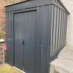 Collection sw6. Buyer to dismantle. Available till May 2nd week. Dimensions available here. Bought in 2020 so still in guarantee. £65 or best offer. https://puregardenbuildings.co.uk/product/lotus-6x4-low-pent-metal-steel-garden-shed-15-year-guarantee/