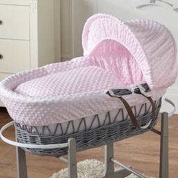 Pink covers- grey basket
Grey stand
Comes with mattress, mattress covers
Only used for 2months
Ready to go