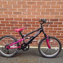 Black & Purple/Pink Girls Bike

Purchased from Halfords 1 year ago, selling for £200 at Halfords.

Child Height: 117 - 135cm (Age Guide - Suitable for children aged 6-11 years)

Approximate Weight (KG): 14.5kg

Brake Type: V-Brakes
Tyres: Air Filled Rubber
Frame: Robust Steel
Gears: 6 speed Shimano derailleur gears for reliable shifting, with revoshift twist shift gear shifters for easy and efficient gear changes.
Suspension: Full suspension increases comfort and control over uneven terrain

Gender: Girls
Age: 6-11 years
Approximate Weight (KG): 14.5 kg
Fork Material: Steel
Rims: Aluminium
Tyre Size: 20"x1.75"
Tyres: Air Filled Rubber
Brake Type: V-Brakes
Frame Material: Steel
Gear Shifters: Shimano Revoshift Twist Shift Gear Shifters
Number of Gears: 6
Stabilisers: No
Suspension: Full Suspension
Wheel Size: 20"