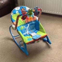 New fresh out of box ( don’t have box unfortunately)
Baby rocking/vibration chair
Back adjustable to sit up or lay back flatter
Musical toy on removable bar

Collection only E9 near well street
£25