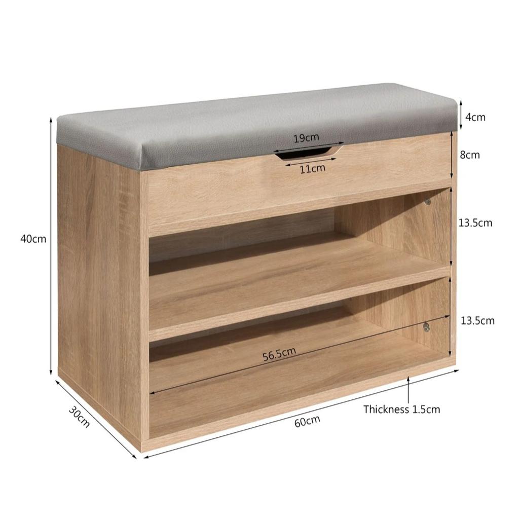 Wooden ottoman/shoe storage bench, with grey padded cushion/seat and storage (dimensions in photos) The unit is only 2 months old, so its in very good condition, apart from some small marks near the front, as shown in the photos.