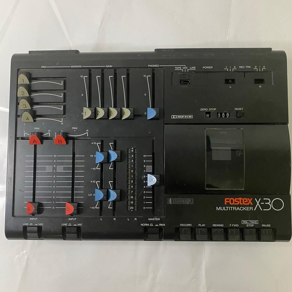 Fostex X-30 Multitracker Cassette Four-track Recorder Mixer Studio (Tascam) Vintage Made in Japan
SOLD AS FAULTY, NOT WORKING for SPARE PARTS or REPAIR.
Doesn’t power on. Damage to housing specifically in area of missing power button, some other slider buttons in this area missing knobs. Tape door damaged, hinge broken. Please check photos for further details.
SOLD AS FAULTY, NOT WORKING for SPARE PARTS or REPAIR.

Same working day despatch
Or cash on collection in person welcome from DA7.

SERIAL NUMBER: 112640 / 611914