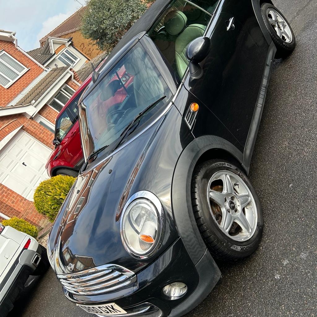 Cooper convertible
1.6 2010
petrol
99000 miles
Long Mot
 full leather, ,
heated seat
3 doors
Electric window
air-conditioning, radio, CD
4 seater
Test drive more than welcome