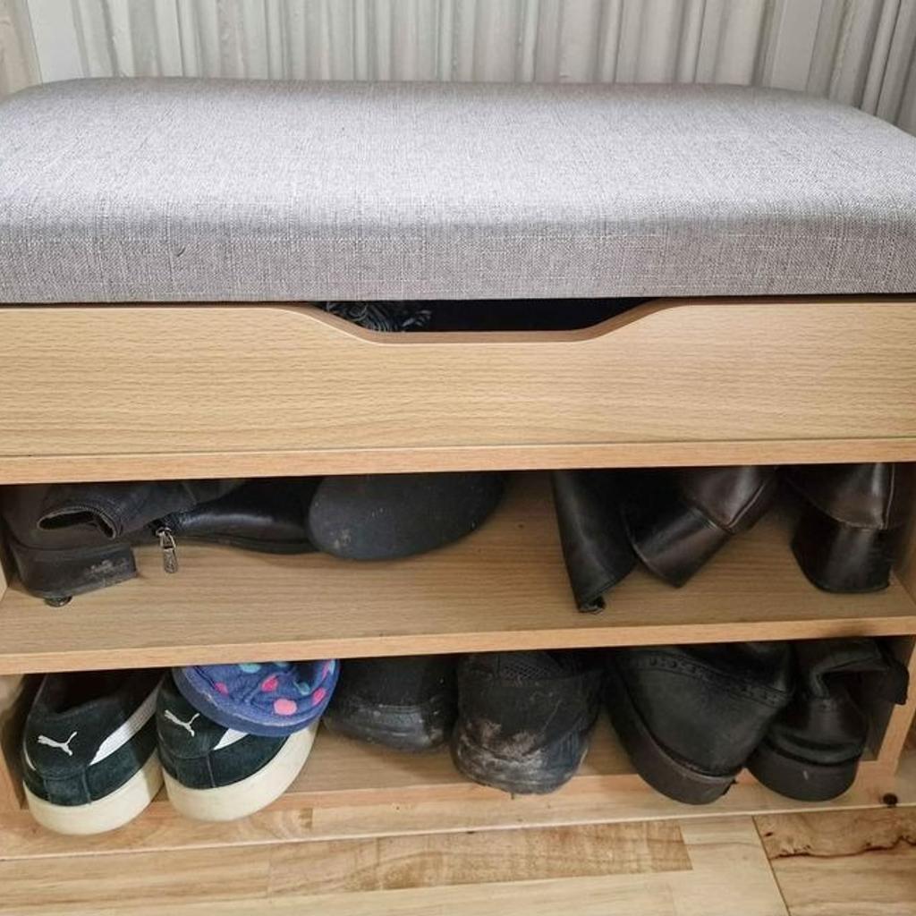 Wooden ottoman/shoe storage bench, with grey padded cushion/seat and storage (dimensions in photos) The unit is only 2 months old, so its in very good condition, apart from some small marks near the front, as shown in the photos.