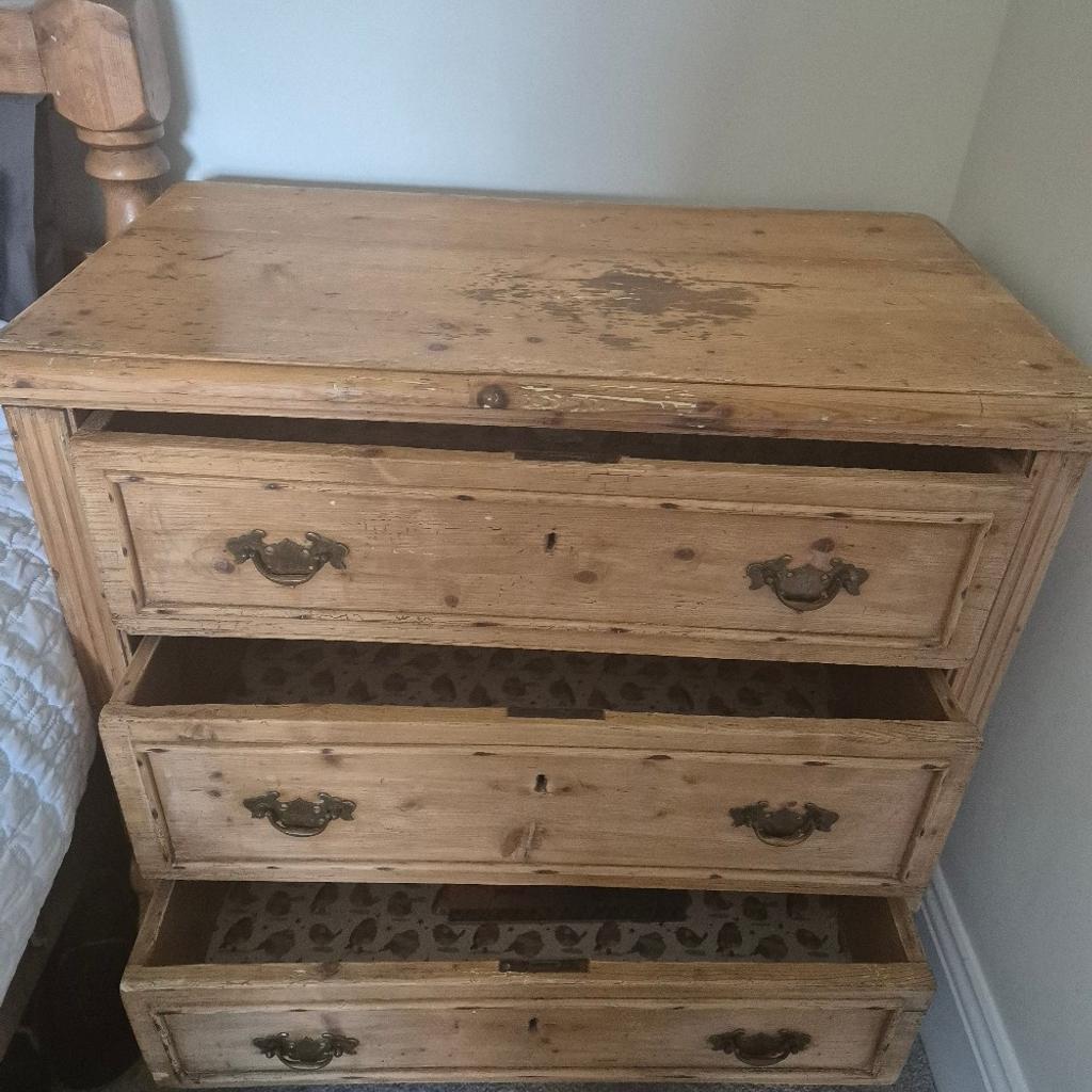 Antique Pine Three Drawer Chest
some refurbishment, gentle sanding, waxing completed.
Genuine historical imperfections and marks.