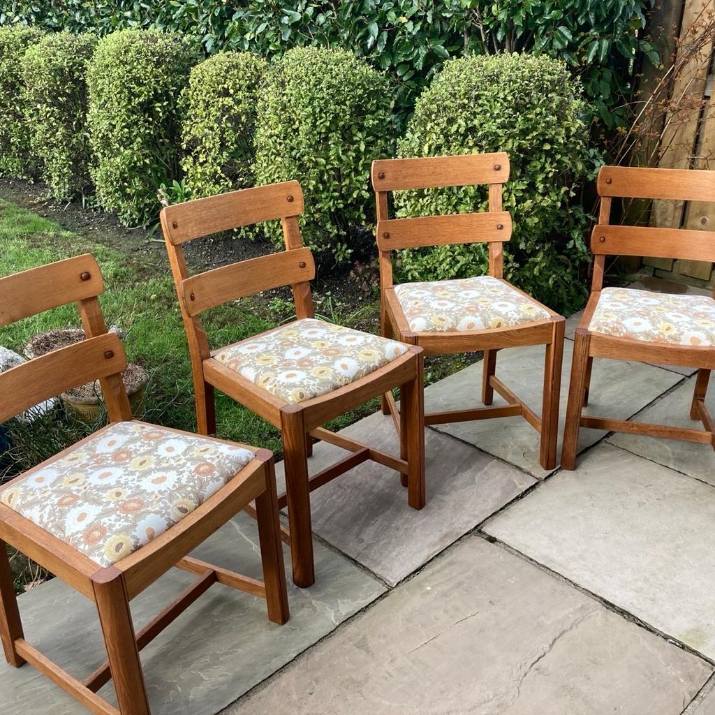 Set of 4 stunning Retro vintage dining chairs
Newly recovered so totally clean
Teak wood
The chairs are 2 slightly different heights, but are identical otherwise
2 chairs are
H seat 48cm back 82cm
W 45cm
D 40cm

Other 2 chairs are
H seat 45cm
W 45cm
D 40cm

This set is a one off quirky style
Solid wood
Definitely a talking piece in homes modern or vintage
Any questions please ask collection Harrogate