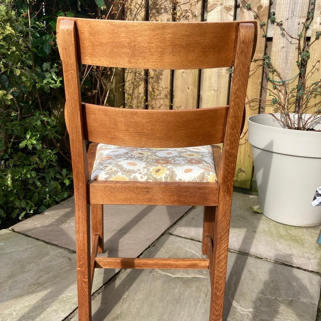 Set of 4 stunning Retro vintage dining chairs
Newly recovered so totally clean
Teak wood
The chairs are 2 slightly different heights, but are identical otherwise
2 chairs are
H seat 48cm back 82cm
W 45cm
D 40cm

Other 2 chairs are
H seat 45cm
W 45cm
D 40cm

This set is a one off quirky style
Solid wood
Definitely a talking piece in homes modern or vintage
Any questions please ask collection Harrogate