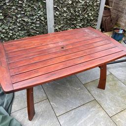 Wooden outdoor furniture regularly maintained with varnish.
Fair few scratches and chips
4 foldable and reclinable chairs
1 dining table
Cushions available 