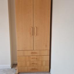 Full size wardrobe. Good quality. 4 large size drawers and 1 basket drawer, top shelf and hanging rail. Already dismantled and ready for collection. Collection only. 

Height: 2.37m
Depth: 0.58m
Width: 1m
