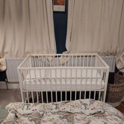 Like new as ended up cosleeping. can come with (£50) or without the mattress (£40). Retail price of cot - £90, mattress - £75

The cot base can be placed at two different heights.

One cot side can be removed when the child is big enough to climb into/out of the cot.