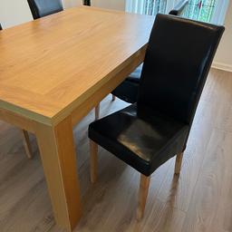 Oak effect dining table & 4 black chairs
Table measures 150cm long x 90cm wide x 75cm high
Table in very good condition
Chairs have lost the bounce on the seats but still useable
Collect from Moortown please