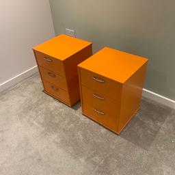 Two sets of bedside tables, hand painted in orange. Paint has some chips (as shown in photos) but in otherwise great condition. Good for a project if you’d wish to sand and repaint.
42cm x 40cm x 56cm.
£10 for the pair or £6 each.

Collection only.
Saltdean