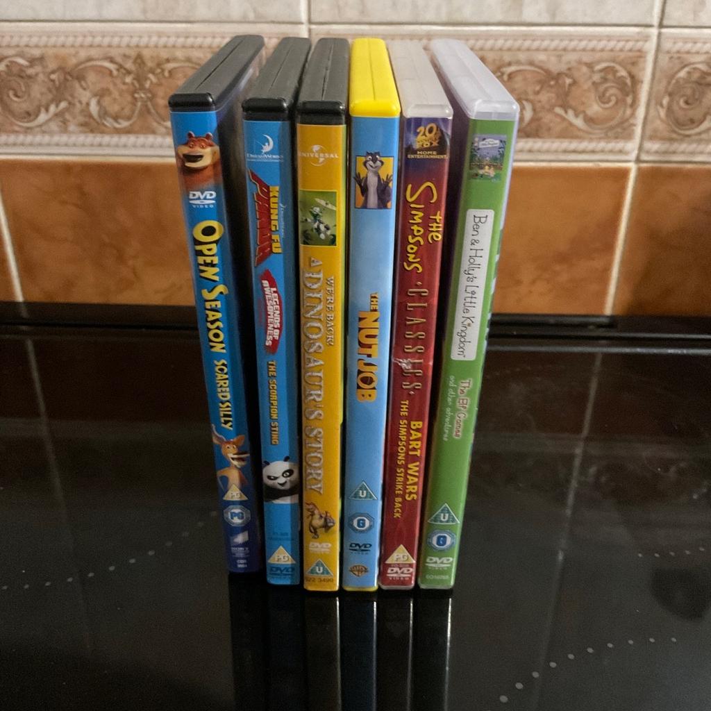 6 in total
1 x Ben & Hollys little kingdom
1 x The Simpson classics
1 x The nut job
1 x A Dinosaurs story
1 x Kung fu panda
1 x Open season
Good clean condition