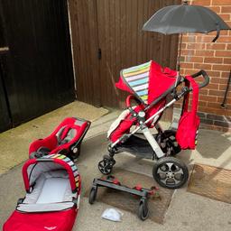 Here’s a run down as to what’s available and believe me, it’s everything you’ll ever need and at a bargain price.

1. Car/baby seat with adjustable handle . You can use as a car seat and also attaches to the pram frame.

2. Carry cot with foot muff and apron.

3. Pushchair seat for when your child is of toddler age.

4. Baby changing bag.

5. Parasol/umbrella.

6. Insect cover.

7. Drinks/cup holder.

8. Basket for storing shopping etc.

9. Rain cover.

10. Wind shield.

11. Spare pram wheel.

12. Buggy board - Fantastic for another child to stand on when they need a rest from walking.

13. Instructions/manual.

In great used condition and from a pet and smoke free home.

Collection only from Uttoxeter ST14.