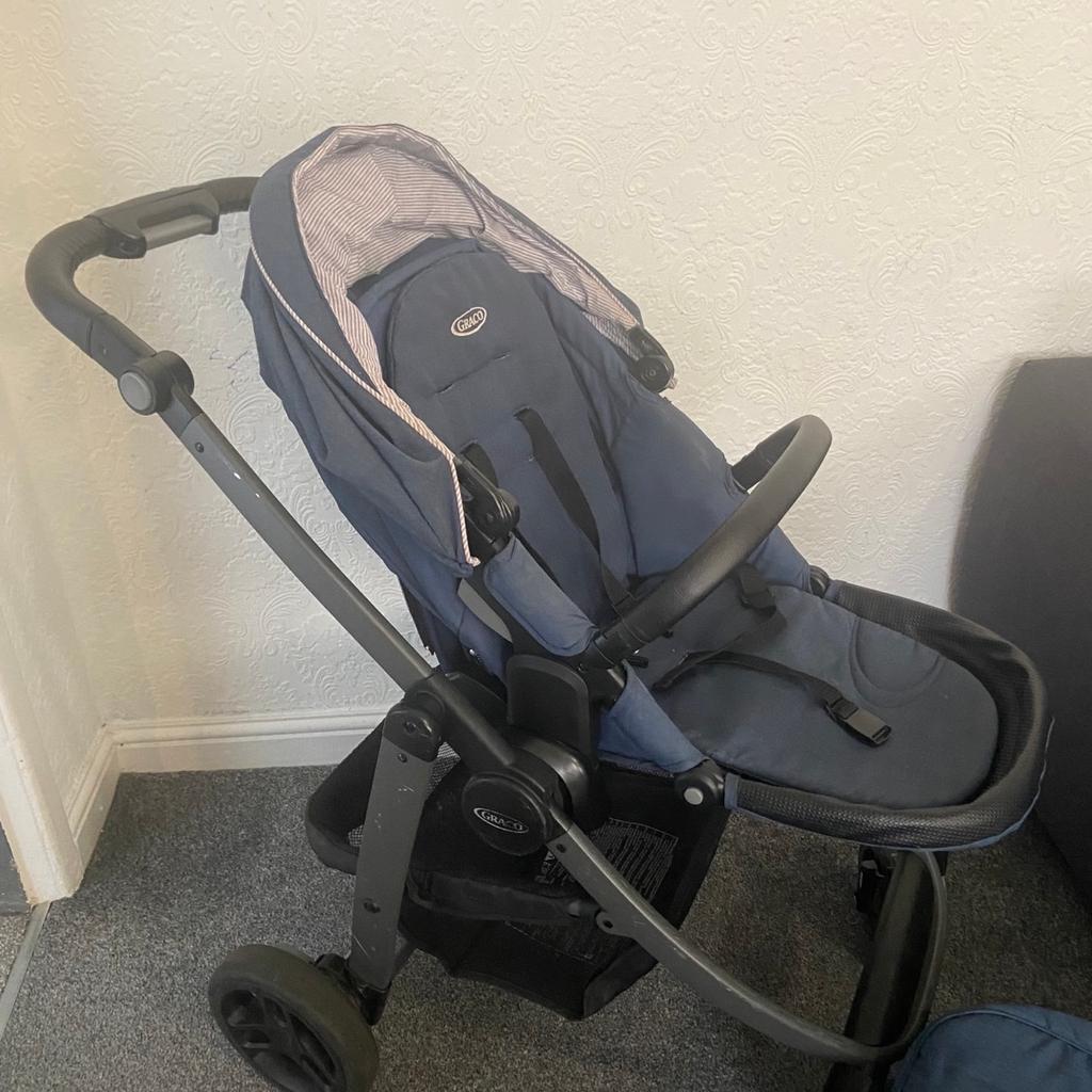 Come with two attachments- one for laying down and newborn the other sitting upright. No damage just usual wear and tear, (scratches)