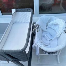 Grey Next2me crib with height adjustment
And side zipped up or down. Good condition has been cleaned
White Moses basket also good condition with white rocking stand comes with mattress protector , 2 white sheets and hood that can either be attached or not and instructions on how to put the hood on.
Can be sold together or separately
I’m open to offers 