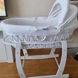 I sell white moses basket and white cover and mattress with one white fitted sheet.
Like new used only a few times.
All in excellent condition from smoke
and pet free home

White cover (new, never used)
Collection only