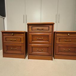 Dressing table and stool
2 bedside cabinets with pull out drawers with glass 
Chest of drawers
Cash only on collection