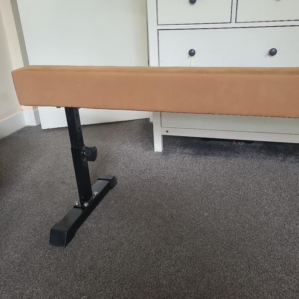 8 ft Adjustable Gymnastics Beam, High-Low Level Competition Type, Faux Suede Cover with legs.
Fantastic product and great quality.
Bought it for my daughter, unfortunately due to lack of space in the house to by able to use it, we are selling it.