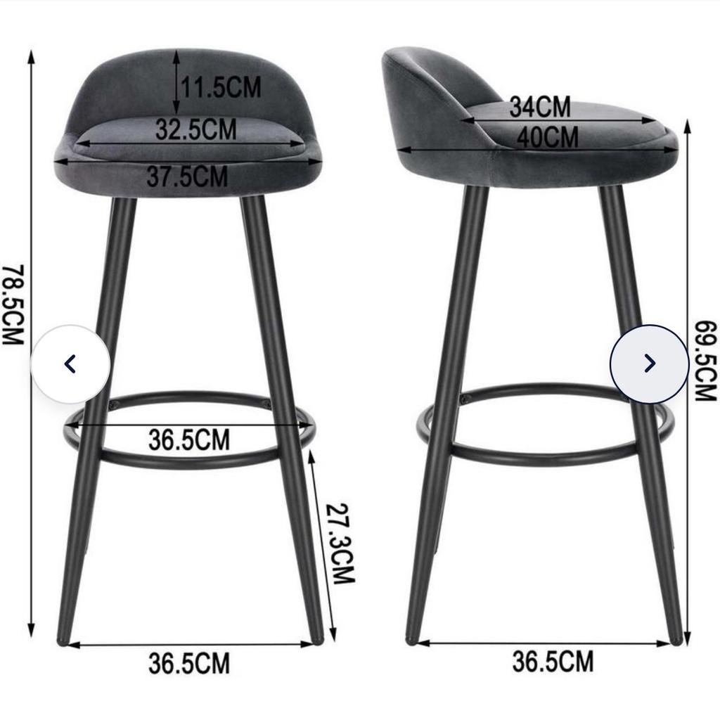 2x Grey velvet Tall Bar stools. Bar chairs with Backrest. Kitchen stools. Breakfast stools