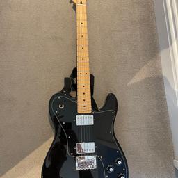Squier Telecaster Custom guitar in black. Serviced with new strings. Small dent to body but otherwise good condition. 

Amp in great condition. 

Great beginner set.

Comes with luxury padded case, picks and lead.