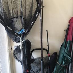 Spinning rod John Wilson 3 piece old school rod made in Blackpool cork handle. Small landing net trout 2 carp landing nets 1 pole 6 foot spinning rod shakepare Odessa bass rod net and pole small fishing trolley weighting sling and small hooking mat umbrella
