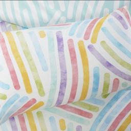Rainbow Art duvet set

This design features an all-over abstract rainbow pattern with a contrasting reverse in aqua and white. Fully reversible. Made with 180 thread count microfibre making it non-iron and durable. Single includes 1 pillowcase, double and king size include 2 pillowcases. Popper fastening. 100% polyester. Machine washable.

Single: £10.00

Double: £14.00

King: £16.00

Brand new 
From smoke free environment