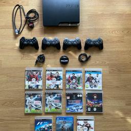 I’m selling my nephew’s PS3 as it hasn’t been used in a longtime & just sitting in storage, as you can see in the picture it’s in great working order

PS3 console
Power cable
HDMI lead
4 Dual shock controllers
2 controller charging cables
1 controller charging dock

11 PS3 games 
Fifa 10,11,12,13,14
PES 2009, 2013, 2014
UEFA Euro 2008
F1 2012
NFL Madden 11

1 PS4 game
God of War (Still sealed