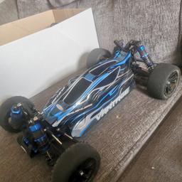 Less than 6 months old
Had my fun out of it
Nearly 40 mph out the box
Brushless motor
Digital and waterproof servos
Only thing it needs is tyres
THAT'S ALL
comes with two 2s lipo batteries 
One standard one Uprated
Uprated front mounts 
Also still has its box